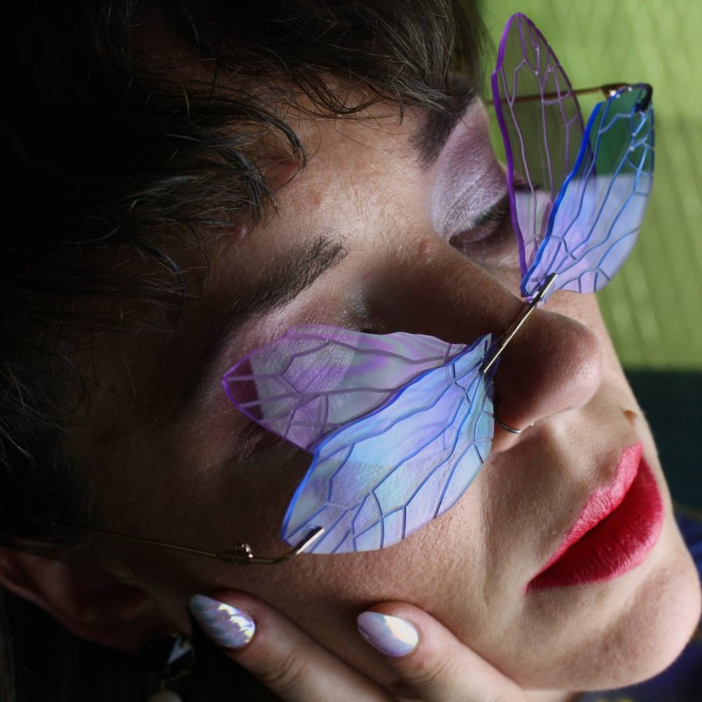 Y2K BLUE & PURPLE RIMLESS BUTTERFLY WING GLASSES